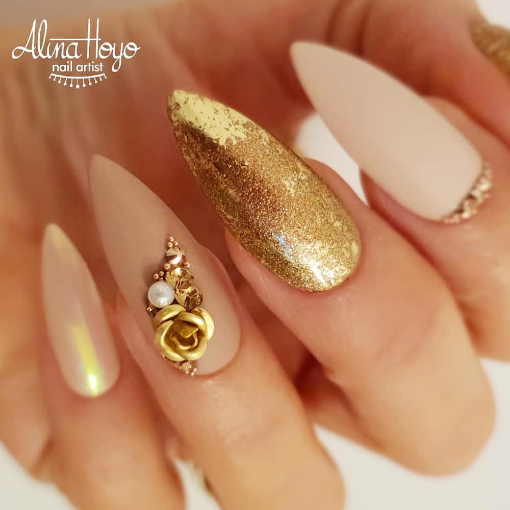 Nude Nails with Glitter Accent Nail and Rose