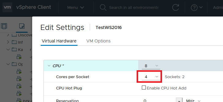 Changing the number of cores per CPU in a VMWare virtual machine 