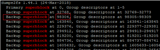 dumpe2fs get backup superblock