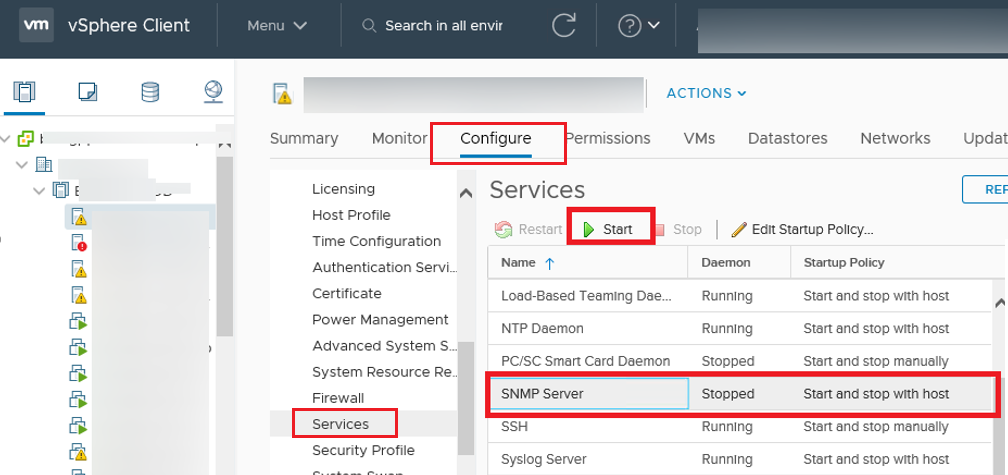 enable snmp server on vmware esxi host via vsphere client