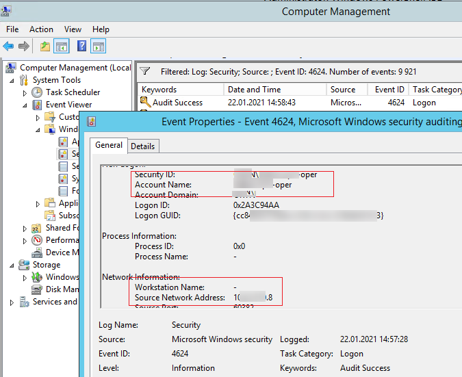 filter DC security log by the eventid 4624: An account was successfully logged on
