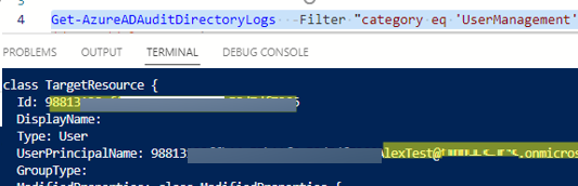 Get-AzureADAuditDirectoryLogs - find Azure AD user deletion event