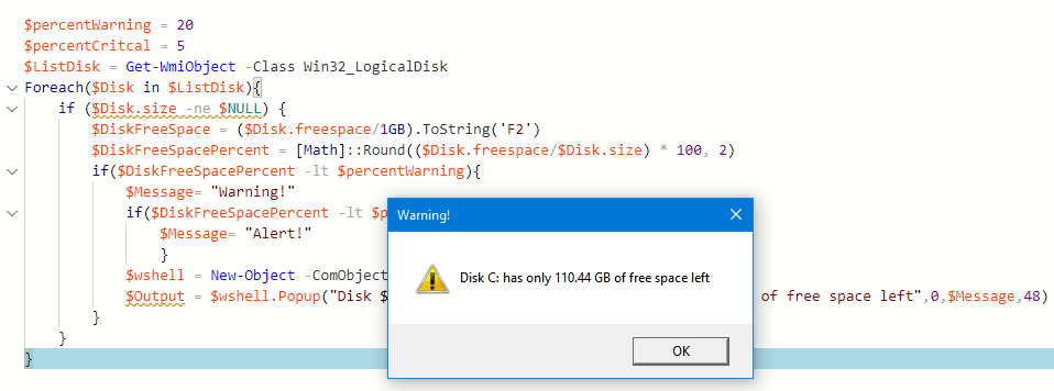 How to send an alert when Disk Space is running low on Windows Servers with PowerShell (via e-mail or pop-up notification)