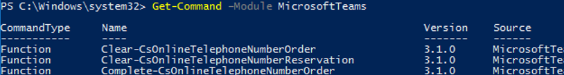 list cmdlets in microsoftteams module