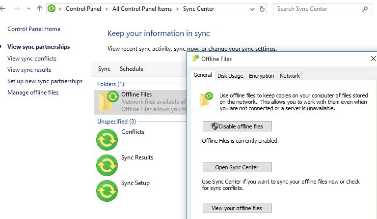 offline file synchronization on windows 10
