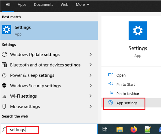 open Settings apps options