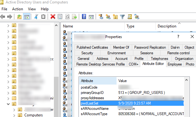 pwdlastset value in user properties ADUC