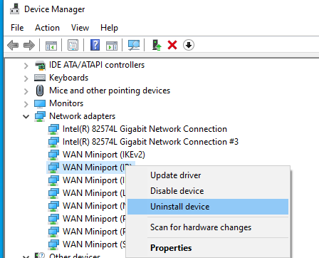 uninstall wan miniport ip device