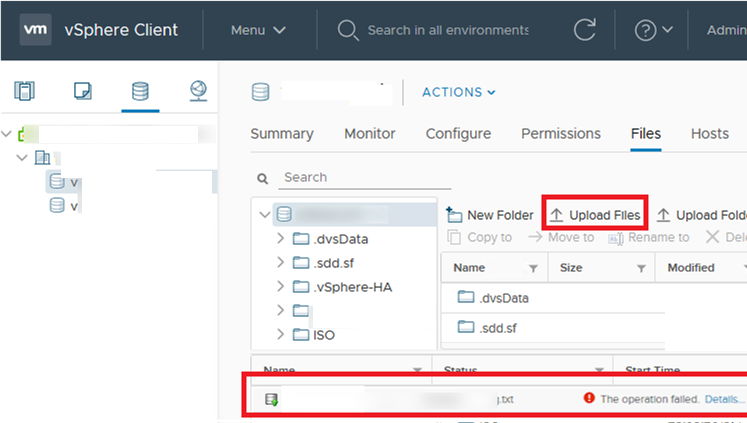 vsphere upload file to vmfs datastore - the operation failed error