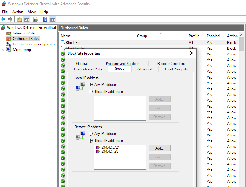 block IP addresses on windows defender firewall