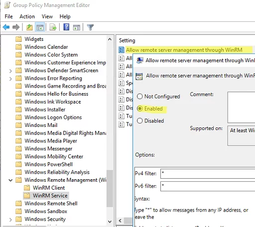 enable gpo : Allow remote server management through WinRM