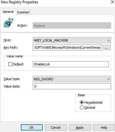 EnableLUA registry parameter to disabe user account control on windows 10