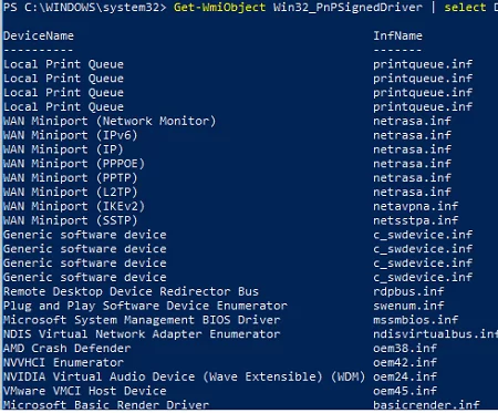 PowerShell - list drivers - Get-WmiObject Win32_PnPSignedDriver 