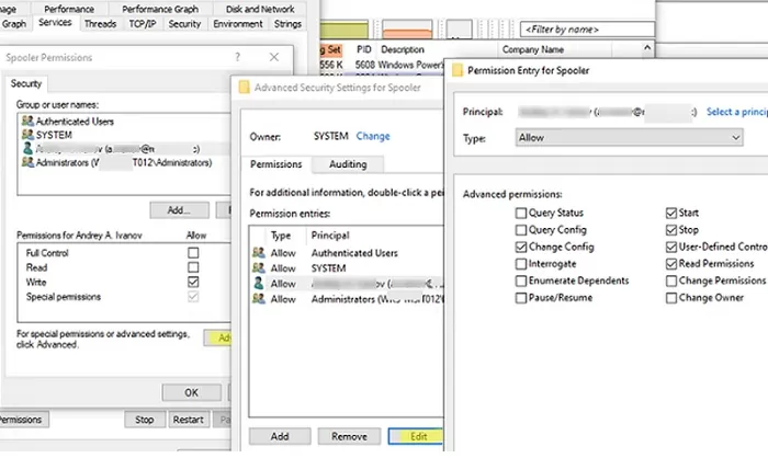 process explorer change service permissions gui