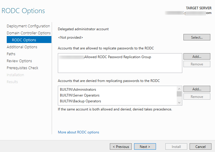 RODC - delegate administrator, password replicate policies