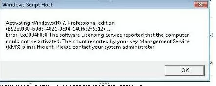 windows 7 kms activation error 0xc004f038 - insufficient KMS count 